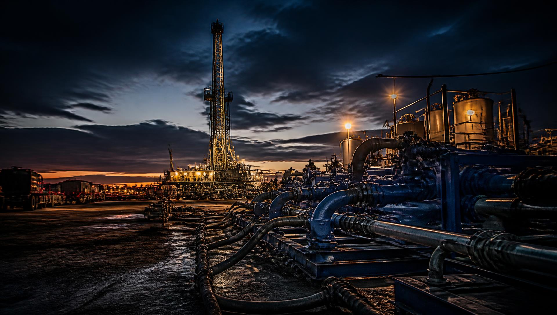 Completion site pipework and chemical injection skids at dusk
